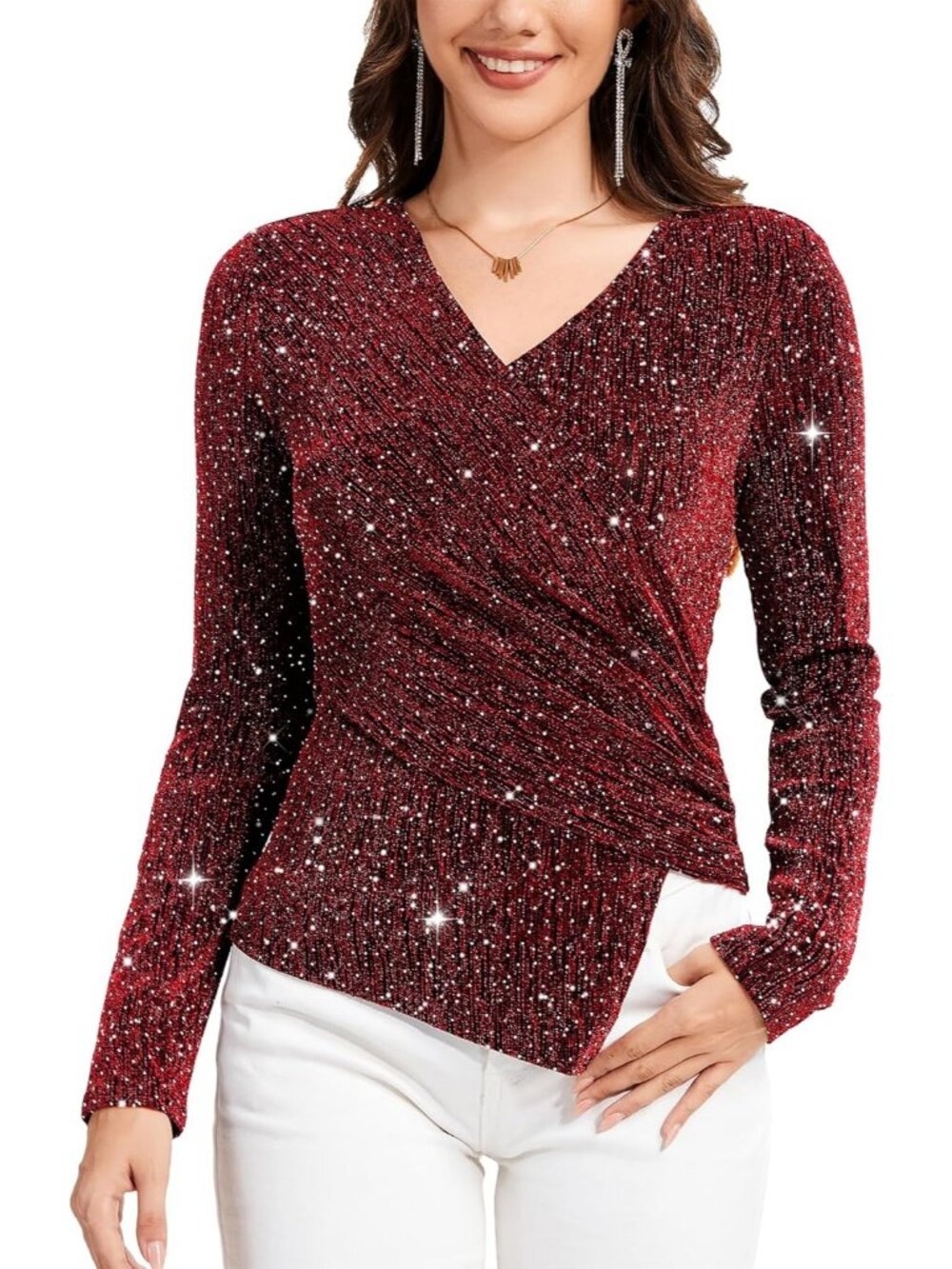 Women's Wine Red V Neck Glitter Sparkly Blouse Long Sleeve Cocktail Party Top